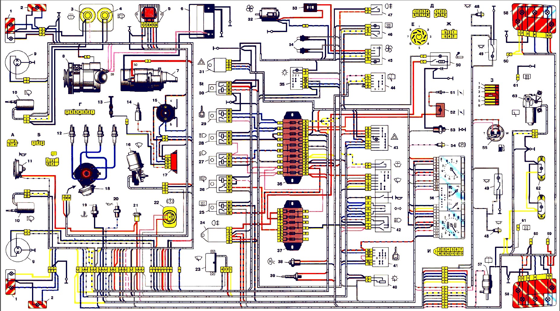 Электросхема ваз 2121, двигатель инжектор и карбюратор: описание схемы нива 21214, 21213, 2131 электрооборудования, электропроводки и блока предохранителей