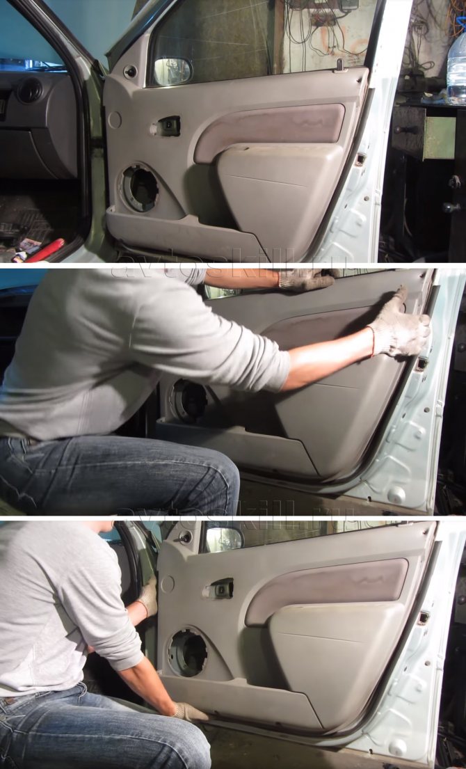 Что бы снять обивку передней двери на автомобиле Рено Логан первого поколения необходимо снять стеклоподъемник внутреннюю ручку, динамик и отвернуть два винта